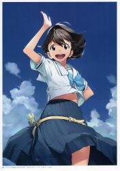 1girl absurdres ahoge arm_up belt belt_buckle blue_sky bow brown_eyes brown_hair buckle charm_(object) chuo_tanegashima_high_school_uniform clothes_lift cloud cloudy_sky crop_top from_below fukuda_tomonori hair_between_eyes hand_on_own_hip hand_up highres long_hair looking_at_viewer midriff midriff_peek miniskirt official_art open_mouth pleated_skirt ponytail robotics;notes sailor_collar school_uniform senomiya_akiho serafuku shirt short_sleeves skirt skirt_lift sky smile solo sphinx sphynx_cat summer_uniform teeth thighs tongue upper_teeth_only waving white_sailor_collar white_shirt yellow_belt