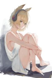 1girl bare_legs bare_shoulders barefoot blonde_hair breasts bright_pupils closed_mouth commentary_request crossed_legs dress earmuffs full_body hair_between_eyes highres hugging_own_legs knees_up light_smile looking_at_viewer sashimi_oniku short_hair sideboob sitting sleeveless sleeveless_dress small_breasts solo touhou toyosatomimi_no_miko white_background white_dress white_pupils yellow_eyes