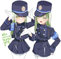2girls armband arms_up bang_dream! bang_dream!_it&#039;s_mygo!!!!! belt black_belt black_hat black_shorts black_skirt blue_archive blue_armband buttons color_connection commentary_request cosplay cowboy_shot double-breasted dual_persona gloves green_hair hair_color_connection hair_ornament hairclip hand_on_own_hip hand_up hat high-waist_shorts high-waist_skirt hikari_(blue_archive) hikari_(blue_archive)_(cosplay) isumikofu long_sleeves looking_ahead looking_at_another miniskirt mortis_(bang_dream!) mortis_(persona)_(bang_dream!) multiple_girls nozomi_(blue_archive) nozomi_(blue_archive)_(cosplay) open_mouth pantyhose parody peaked_cap pleated_skirt pose_imitation rabbit_pose shako_cap short_shorts shorts shoulder_belt simple_background skirt straight_hair thigh_gap train_conductor translation_request turtleneck wakaba_mutsumi white_background white_gloves white_pantyhose yellow_eyes