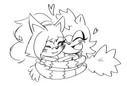 animal_ears closed_eyes closed_mouth commentary english_commentary fang fishsoof furry furry_female heart highres hug lemur_girl lemur_tail one_eye_closed open_mouth ponytail sketch smile sonic_(series) sonic_the_hedgehog_(idw) tangle_the_lemur whisper_the_wolf wolf_ears wolf_girl yuri