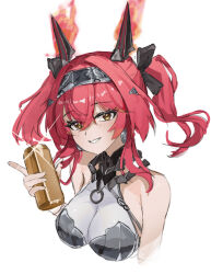 1girl armor bare_shoulders black_bow bow breastplate can collar commentary cropped_torso drink_can earrings hair_between_eyes hair_bow hairband headgear highres holding holding_can jewelry long_hair looking_at_viewer lupa_(wuthering_waves) metal_collar metal_hairband multiple_hair_bows parted_lips red_hair sercet simple_background smile solo twintails white_background wuthering_waves yellow_eyes