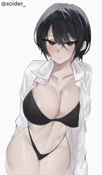 1girl black_eyes black_hair black_panties breasts highres large_breasts lingerie nabibutter navel open_clothes open_shirt original panties shirt short_hair stomach underwear white_shirt xcider