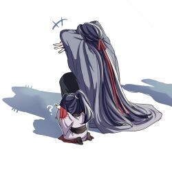 +++ 2boys ? aged_down arms_up black_boots black_hair black_hanfu boots cat_shadow_puppet_(meme) child chinese_clothes coat crossed_arms double_w facing_away from_behind grey_coat hair_down hair_ribbon half_updo hanfu highres kneeling lan_sizhui long_hair long_sleeves male_focus meme middle_w modao_zushi multiple_boys official_alternate_costume official_alternate_hairstyle ponytail red_ribbon ribbon robe sash semiusa1010 shadow shadow_puppet simple_background squatting very_long_hair w wei_wuxian wei_wuxian_(yiling_laozu) white_background white_hanfu wide_sleeves