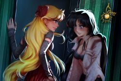 2girls aino_minako aroused artist_name bishoujo_senshi_sailor_moon black_bra black_hair blonde_hair blue_eyes blush bow bra breasts cherry_in_the_sun cleavage commentary couple earrings english_commentary grey_shirt hair_bow highres hino_rei jewelry long_hair looking_at_another medium_breasts multiple_girls navel open_clothes open_shirt red_bow shirt underwear white_shirt yuri
