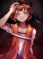 1boy absurdres arde_(len&#039;en) bandana bare_shoulders black_background black_bandana brown_hair collarbone commentary cowboy_shot english_text genderswap genderswap_(otm) hand_on_own_head highres inister jacket kuzu_suzumi len&#039;en lips looking_at_viewer male_focus monad orange_jacket parted_lips pectoral_cleavage pectorals red_eyes shirt short_hair simple_background sleeveless sleeveless_jacket smirk solo standing strapless strapless_shirt teeth white_shirt