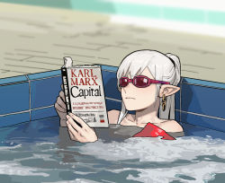 1girl bare_shoulders blurry blurry_background book chain chain_earrings earrings gogalking goggles hands_up highres hot_tub jewelry karl_marx long_hair open_book original partially_submerged pointy_ears ponytail reading solo vampire_(gogalking) water white_hair