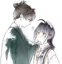 !? 1boy 1girl :&lt; ahoge androgynous black_hair braid brown_hair closed_mouth commentary_request eye_contact fate/samurai_remnant fate_(series) from_side green_eyes green_kimono hair_intakes headpat height_difference highres japanese_clothes kimono light_blush light_smile long_hair looking_at_another miyamoto_iori_(fate) mul1062363 profile single_braid sketch topknot yamato_takeru_(fate) yellow_eyes