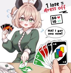1girl animal_ears apron blush dress green_dress green_eyes hat highres indie_virtual_youtuber moshiedraws name_tag nimi_nightmare nurse nurse_cap round_collar rounded_collar simple_background sleeve_slit table tapir_ears tapir_girl twitter_strip_game uno_(game) virtual_youtuber white_apron white_background