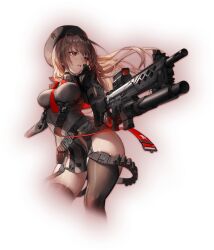 1girl artist_request beret black_choker black_leotard black_thighhighs blush breasts choker cleavage curvy floating_hair goddess_of_victory:_nikke hair_between_eyes hat impossible_clothes jacket large_breasts leotard long_hair military_uniform official_art open_clothes open_jacket orange_eyes parted_lips rapi_(nikke) revealing_clothes skindentation solo thigh_gap thighhighs thighs transparent_background very_long_hair wide_hips