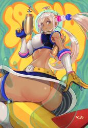 1girl absurdres alternate_costume artist_name ass character_name dark-skinned_female dark_skin energy_gun gloves highres hololive hololive_english jetpack kaniko_(tsukumo_sana) kivo limiter_(tsukumo_sana) long_hair looking_at_viewer ray_gun smile solo tsukumo_sana twintails very_long_hair virtual_youtuber weapon yellow_eyes