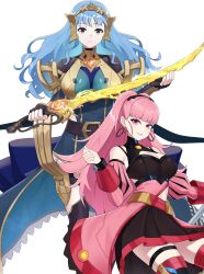 2girls alternate_hairstyle armor black_gloves blue_hair blutgang_(fire_emblem) boobplate braid breastplate breasts brown_eyes cleavage closed_mouth crown_braid dress earrings fingerless_gloves fire_emblem fire_emblem:_three_houses fire_emblem_heroes gloves hair_ornament hairband highres hilda_valentine_goneril hilda_valentine_goneril_(timeskip) holding holding_sword holding_weapon hoop_earrings jewelry large_breasts long_hair looking_at_viewer marianne_von_edmund marianne_von_edmund_(cursed_blessing) marianne_von_edmund_(timeskip) multiple_girls nintendo nottme official_alternate_costume pink_eyes pink_hair ponytail simple_background smile sword waist_cape weapon white_background winged_hairband