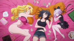 3girls anemone_(kizetsu_yuusha) animated anime_screenshot ass bed black_dress black_hair black_ribbon black_shirt blonde_hair bra breasts card ciel_(kizetsu_yuusha) cleavage collarbone denim denim_shorts dress feet goa_(kizetsu_yuusha) hair_ribbon highres huge_ass huge_breasts kizetsu_yuusha_to_ansatsu_hime large_breasts loli multiple_girls navel on_bed panties pink_bra pink_panties ribbon shirt shorts sleeping sleeveless sleeveless_shirt sound stomach tagme thighs underwear underwear_only video white_hair