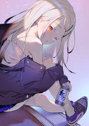 Rule 34 | 1girl, air jordan, blonde hair, blue shorts, blush, camisole, can, colored eyelashes, commentary, earrings, gakuen idolmaster, grey jacket, hair ornament, hairclip, henreader, highres, holding, holding can, idolmaster, jacket, jewelry, light particles, long hair, looking at viewer, looking back, nike (company), off shoulder, red eyes, shinosawa hiro, shorts, shoulder blades, sidelocks, sitting, solo, white camisole, white eyelashes