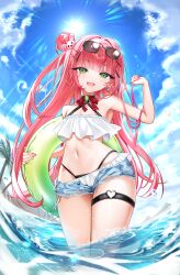 1girl arm_up armpits bare_shoulders beach bikini blue_sky blush bow breasts cleavage cloud commentary_request day denim denim_shorts earrings eyewear_on_head frilled_bikini frills gem green_eyes green_gemstone green_innertube hair_bun hair_ornament hairclip halterneck hanako_nana heart heart_earrings highres holding holding_swim_ring innertube jewelry korean_commentary lens_flare light_particles long_hair micro_shorts mountainous_horizon multicolored_hair nail_polish navel ocean open_clothes open_fly open_mouth open_shorts outdoors palm_tree parallel_hairclips peto_(hanako_nana) pink_hair pink_nails plaid_bow red_bow samenami0711 shorts single_earring single_side_bun sky small_breasts smile standing stellive stomach streaked_hair sun sunglasses sunlight swim_ring swimsuit thigh_strap thighs torn_clothes torn_shorts tree very_long_hair virtual_youtuber wading water_drop waves wet white_bikini x_hair_ornament
