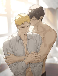 Rule 34 | 2boys, abs, bertolt hoover, black pants, blonde hair, brown hair, closed eyes, collarbone, collared shirt, commentary, cowboy shot, curtained hair, cute potato (cute potato ner), dress shirt, hair between eyes, hand on another&#039;s arm, highres, imminent kiss, indoors, light rays, male focus, multiple boys, one eye closed, open clothes, open shirt, pants, reiner braun, shingeki no kyojin, shirt, short hair, smile, sunbeam, sunlight, symbol-only commentary, teeth, topless male, white shirt, window, wing collar, yaoi
