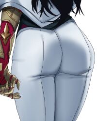 1girl absurdres ass ass_focus bellone black_hair commentary highres league_of_legends long_hair pants prosthesis prosthetic_arm renata_glasc simple_background solo white_background white_pants