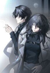 Rule 34 | 1boy, 1girl, absurdres, blue hair, chest strap, chief (path to nowhere), cigarette, closed eyes, coat, dress shirt, earrings, female chief (path to nowhere), grey coat, grey eyes, highres, holding, holding cigarette, jewelry, kong tiao bo zi, long coat, long hair, male chief (path to nowhere), moon, path to nowhere, shirt, short hair, signature, single earring, smoke, smoking, turtleneck
