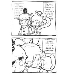 2girls 2koma blush comic english_text eyebrows flirting greyscale hat kaku_seiga littleshrimp monochrome mononobe_no_futo multiple_girls sinkerghost smile sweatdrop touhou yuri