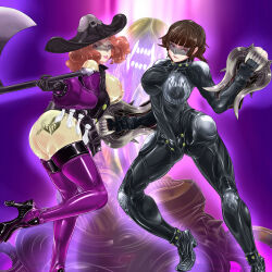 ass blunt_bangs body_modification bodysuit braid breasts breasts_out brown_eyes brown_hair corruption crown_braid damu_otoko dark_persona high_heels highres long_sleeves looking_at_viewer medium_breasts niijima_makoto nipples okumura_haru persona persona_5 phallic_symbol red_eyes short_hair smile steel_mask thick_thighs thighs