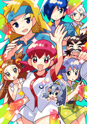 Rule 34 | 3girls, 5boys, :d, :o, ^ ^, anidler91, aqua background, blonde hair, blue eyes, blue hair, blue headband, brown eyes, brown hair, bugsy (pokemon), butterfly net, chuck (pokemon), clair (pokemon), closed eyes, dress, facial hair, falkner (pokemon), furrowed brow, green shirt, green shorts, hair bobbles, hair ornament, hair over one eye, hand net, headband, highres, holding, holding butterfly net, jasmine (pokemon), long hair, morty (pokemon), multiple boys, multiple girls, mustache, nintendo, no sclera, old, old man, open mouth, pink eyes, pink hair, pokemon, pokemon gsc, ponytail, pryce (pokemon), shirt, short hair, shorts, smile, twintails, two side up, white dress, white shirt, white shorts, whitney (pokemon)