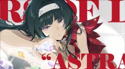 1girl absurdres astra_yao bead_necklace beads black_hair blunt_bangs bracelet character_name copyright_name crystal diamond_(gemstone) dress earrings gem green_hair hairband highres holding hoop_earrings jewelry long_hair looking_at_viewer lying mindscape_cinema_(zenless_zone_zero) multicolored_eyes necklace official_art on_side on_stomach parted_lips purple_eyes red_dress red_eyes sleeveless solo white_hairband zenless_zone_zero