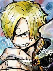 1boy blonde_hair cigarette commentary_request copyright_name curly_eyebrows facial_hair hair_over_one_eye highres holding holding_cigarette male_focus mustache one_piece sanji_(one_piece) short_hair signature smile smoke solo upper_body urinunhanada