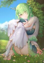 Rule 34 | 1girl, absurdres, anklet, antlers, barefoot, blue dress, blue gloves, blue sky, braid, braided bangs, breasts, bridal gauntlets, ceres fauna, ceres fauna (1st costume), closed mouth, cloud, commentary, day, dress, flower, framed breasts, frilled skirt, frills, gloves, gradient hair, green hair, hair flower, hair ornament, hair over one eye, hair rings, highres, hololive, hololive english, horns, jewelry, knees up, large breasts, lesu, long hair, long sleeves, looking at viewer, mole, mole under eye, multicolored hair, on grass, one side up, outdoors, short dress, single bridal gauntlet, single hair ring, single thighhigh, sitting, skirt, skirt under dress, sky, sleeve cuffs, smile, solo, stirrup legwear, thighhighs, toeless legwear, virtual youtuber, white dress, white thighhighs, wide sleeves, yellow eyes