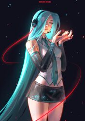 1girl absurdres aqua_eyes aqua_hair aqua_nails aqua_necktie arm_tattoo artist_name black_skirt black_sleeves closed_mouth collared_shirt commentary cowboy_shot detached_sleeves grey_shirt hair_down hair_over_one_eye hands_up hatsune_miku headphones headset highres long_hair long_sleeves microphone miniskirt misa_mi necktie number_tattoo shirt skirt sleeveless sleeveless_shirt solo tattoo very_long_hair vocaloid
