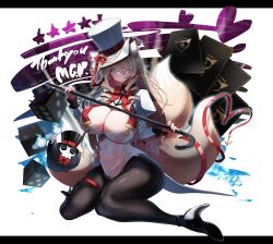 1girl :q animal_ear_fluff animal_ears black_pantyhose black_shoes blonde_hair blue_eyes bow bowtie breasts cane card cleavage dice fox_ears fox_tail hair_between_eyes hat hat_bow hat_ribbon high_heels highres holding holding_cane indie_virtual_youtuber koromo_naruru large_breasts leotard long_sleeves multicolored_hair pantyhose playing_card red_bow red_bowtie red_ribbon ribbon second-party_source see-through_clothes see-through_leotard shoes streaked_hair sui_hi_sf tail thank_you thigh_strap tongue tongue_out top_hat virtual_youtuber white_hair white_hat white_leotard will-o&#039;-the-wisp_(mythology)