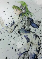 1girl armor ass blue_eyes bodysuit cameltoe commentary_request convenient_censoring equipment green_hair hair_ornament highres hosokawa_lime katsu_(24791909) marker_(medium) mechanical_hands medium_hair science_fiction shadow_lady single_mechanical_hand skin_tight solo traditional_media