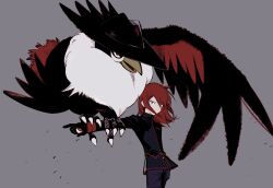 1boy animal_on_arm bird bird_on_arm black_feathers black_hat black_jacket black_wings covered_mouth cowlick feathers gen_4_pokemon grey_background hair_over_mouth half-closed_eyes hat highres holding holding_poke_ball honchkrow jacket looking_at_viewer male_focus multicolored_feathers neck_fur nintendo open_mouth outstretched_arm perching poke_ball poke_ball_(basic) pokemon pokemon_(creature) pokemon_hgss pokemon_on_arm ponkinoponkino red_eyes red_feathers red_hair short_hair silver_(pokemon) simple_background talons turtleneck turtleneck_jacket white_feathers wings
