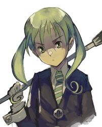 1girl collared_shirt green_necktie highres holding holding_polearm holding_weapon kornod long_hair long_sleeves maka_albarn necktie partially_shaded_face polearm shirt solo soul_eater twintails upper_body weapon white_background white_shirt