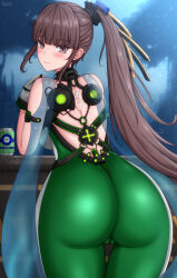 1girl ass ass_focus bare_shoulders blush bodysuit breasts brown_eyes brown_hair crossover eve_(stellar_blade) fingerless_gloves from_behind gloves goddess_of_victory:_nikke hair_ornament highres huge_ass large_breasts long_hair looking_at_viewer looking_back ponytail rabbitttt sideboob smile solo stellar_blade very_long_hair
