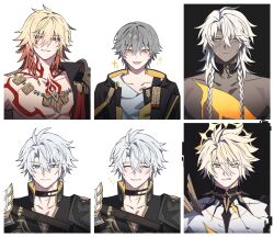 Rule 34 | 4boys, alternate form, antenna hair, armor, black choker, black coat, black jacket, black shirt, blonde hair, blue eyes, braid, caelus (honkai: star rail), chest tattoo, choker, clenched teeth, coat, commentary request, cracked skin, dark-skinned male, dark skin, facial tattoo, glaring, gold necklace, gradient hair, grey hair, hair between eyes, halo, halo behind head, highres, honkai: star rail, honkai (series), jacket, jewelry, korean commentary, long hair, material growth, medium hair, multicolored hair, multiple boys, mydei (honkai: star rail), nanook (honkai: star rail), neck tattoo, necklace, open clothes, open coat, open jacket, parted bangs, pauldrons, phainon (honkai: star rail), phainon (khaslana) (honkai: star rail), pin3909, red hair, red tattoo, shirt, short hair, shoulder armor, side braid, single pauldron, sun symbol, sun tattoo, tan, tattoo, teeth, toned, toned male, trailblazer (honkai: star rail), twin braids, white hair, white shirt, yellow blood, yellow eyes