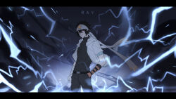 1boy aotu_world asymmetrical_gloves bandana belt black_belt black_gloves black_hair black_pants black_shirt brown_gloves character_name chinese_commentary closed_mouth cowboy_shot electricity electrokinesis fingerless_gloves gloves hair_between_eyes hand_in_pocket headband highres holding holding_weapon hood hood_down hooded_jacket jacket letterboxed lightning looking_at_viewer male_focus multicolored_gloves open_clothes open_jacket pants pointy_ears purple_eyes ray_(aotu_world) shirt short_sleeves smile solo standing star_(symbol) star_print turtleneck weapon white_gloves white_headband white_jacket zhao_yi