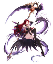 Rule 34 | 1girl, absurdres, bare shoulders, black thighhighs, blush, breasts, commentary, dress, english commentary, epis, full body, hair ornament, high heels, highres, holding, holding behind back, holding scythe, holding weapon, holding weapon behind back, king&#039;s raid, lagna, lips, long hair, looking at viewer, medium breasts, mole, mole under eye, official alternate costume, official art, parted lips, polearm, red eyes, red hair, scythe, simple background, sleeveless, smile, solo, thighhighs, thighs, two-handed, weapon, white background