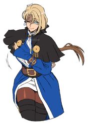 1girl absurdres belt blonde_hair blue_dress boots breasts brown_belt dress genderswap genderswap_(mtf) goeniko goenitz habit highres large_breasts long_hair long_sleeves looking_at_viewer mergeritter ponytail pretty_goenitz slit_pupils smile snk solo the_king_of_fighters the_king_of_fighters_all-stars