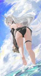 1girl absurdres arknights ass back bare_back bare_legs bare_shoulders barefoot bikini black_bikini black_one-piece_swimsuit brown_eyes cloud cloudy_sky commentary day demon_horns detached_sleeves feet from_behind from_below full_body highres holding holding_sandals horns in_water infection_monitor_(arknights) leg_up long_hair looking_at_viewer official_alternate_costume one-piece_swimsuit outdoors pointy_ears sandals shallow_water shikyou_yoru shining_(arknights) shining_(silent_night)_(arknights) sitting sky soles solo swimsuit swimsuit_cover-up thigh_strap thighs very_long_hair water water_drop white_horns