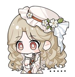 ... 1girl artist_request blonde_hair blush_stickers bow bowtie bright_pupils brown_dress brown_eyes chibi choker cropped_legs dream_banquet_(infinity_nikki) dress drill_hair flower frilled_choker frilled_dress frilled_gloves frilled_headwear frilled_sleeves frills gloves green_bow green_bowtie green_choker hand_on_own_chin hand_on_own_elbow hat hat_bow hat_flower infinity_nikki layered_dress long_hair long_sleeves looking_ahead nikki_(series) no_mouth official_art solo square_neckline standing tareme thinking transparent_background very_long_hair white_bow white_dress white_flower white_gloves white_hat white_pupils
