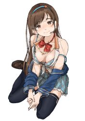 1girl absurdres blush bow bowtie breasts brown_eyes brown_hair clothes_down commentary full_body gatsby_ssl headset highres idolmaster idolmaster_cinderella_girls long_hair looking_at_viewer loose_bowtie medium_breasts nitta_minami penetration_gesture sitting smile solo thighhighs wariza wet zettai_ryouiki