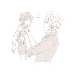 ! 004s_4 2boys aged_down alternate_costume genshin_impact greyscale holding_child holding_person image_sample monochrome multiple_boys pixiv pixiv_sample speech_bubble suspenders tartaglia_(genshin_impact) white_background zhongli_(genshin_impact)