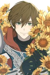 Rule 34 | 1boy, absurdres, alter (mabinogi), armor, black gloves, black shirt, blush, breastplate, closed mouth, commentary request, double-parted bangs, flower, gloves, green eyes, hair between eyes, highres, holding, holding flower, hood, hood down, korean commentary, looking at viewer, mabinogi, male focus, pauldrons, ray (lthenray), red hood, shirt, short hair, shoulder armor, smile, solo, sunflower, turtleneck, upper body, white background, yellow flower