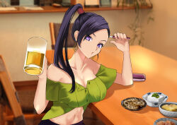 1girl absurdres alcohol alternate_costume alternate_universe asymmetrical_bangs bare_shoulders beer beer_mug black_pants blurry blurry_background breasts cleavage collarbone commentary_request cup dragon_quest dragon_quest_xi earrings electronic_cigarette fingernails food food_request gold_earrings green_shirt high_ponytail highres holding holding_cup jewelry large_breasts long_fingernails looking_at_viewer martina_(dq11) midriff momoiito mug navel off-shoulder_shirt off_shoulder open_mouth pants photo_background ponytail purple_eyes purple_hair shirt sitting solo tofu upper_body