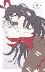 1girl absurdres animal_ear_hairband animal_ears azur_lane bare_shoulders black_hair bow bowtie breasts cleavage fake_animal_ears hair_between_eyes hairband highres huge_breasts leotard long_hair official_alternate_costume one_king_eight pantyhose playboy_bunny rabbit_ear_hairband rabbit_ears red_bow red_bowtie red_eyes red_leotard solo strapless strapless_leotard taihou_(azur_lane) taihou_(fun_on_the_baize)_(azur_lane) torn_clothes torn_pantyhose very_long_hair white_wrist_cuffs wrist_cuffs