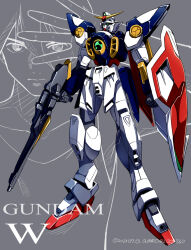 Rule 34 | 1boy, ammo21204760, artist name, grey background, gundam, gundam wing, hair between eyes, hand up, heero yuy, highres, holding, holding shield, holding sword, holding weapon, mecha, robot, shield, standing, sword, weapon, wing gundam