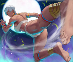 1girl abs absurdres anklet armlet ass bare_shoulders barefoot bikini blue_eyes bracelet breasts commentary dark-skinned_female dark_skin dirty dirty_feet earrings elena_(street_fighter) feet full_moon highres jewelry kicking large_breasts lips looking_at_viewer moon muscular muscular_female nail_polish neck_ring short_hair sideboob smile soles solo street_fighter street_fighter_iii_(series) swimsuit thighs toenail_polish toenails toes underboob very_dark_skin white_bikini white_hair yoshio_(55level)
