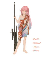 Rule 34 | 1girl, absurdres, african clothes, alternate costume, anti-materiel rifle, bandaged arm, bandages, barefoot, chinese zodiac, chuck (harfmoondark), commentary request, denel land systems, english text, female focus, full body, girls&#039; frontline, gun, highres, ntw-20, ntw-20 (girls&#039; frontline), pink hair, rifle, shibari, simple background, sniper rifle, solo, standing, tribal illustration, weapon, white background