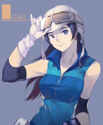 1girl adjusting_eyewear blue_jacket breasts character_request copyright_request earrings elbow_cuffs gloves goggles goggles_on_headwear grey_background grey_eyes grey_hair helmet illya1030 jacket jewelry long_hair medium_breasts single_earring sleeveless sleeveless_jacket smile solo upper_body white_gloves