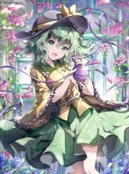 1girl :d black_hat blouse blue_flower blue_rose bow buttons collared_shirt column contrast_collar cowboy_shot diamond_button falling_petals floral_print floral_print_skirt flower frilled_shirt_collar frilled_sleeves frills green_eyes green_hair green_skirt hat hat_bow head_tilt heart heart_of_string highres holding koishi_day komeiji_koishi leaf light_blush long_sleeves looking_at_viewer medium_hair nanop38 open_mouth petals pillar pink_flower pink_petals pink_rose plant rose rose_petals rose_print shirt skirt smile third_eye touhou vines wide_sleeves window yellow_bow yellow_shirt