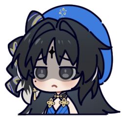 1girl beret black_bow black_eyes blue_hat bow chinese_commentary closed_mouth commentary_request frown hair_bow hat kohane_kun large_variant_set long_hair lowres mole mole_under_eye parted_bangs portrait shaded_face simple_background solo tacet_mark_(wuthering_waves) variant_set white_background wuthering_waves yangyang_(wuthering_waves)